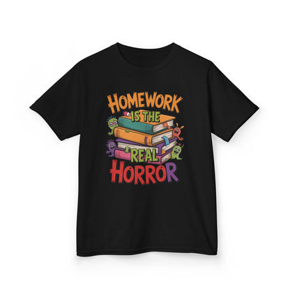 Kids Funny Homework Tee, Cute Monster School Shirt, Homework Is the Real Horror, Back to School Gift for Boys & Girls, Kids Halloween Tee