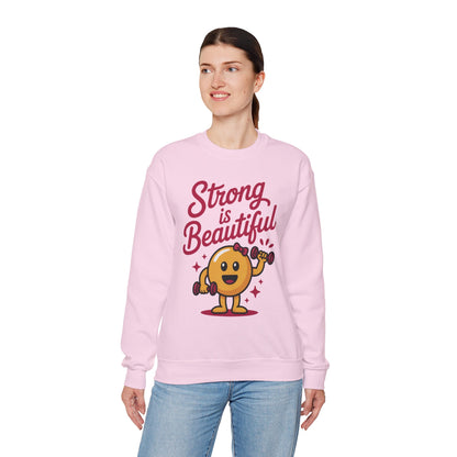 Strong is Beautiful Womens Crewneck Sweatshirt, Cute Fitness Graphic Pullover, Gym and Workout Motivation Sweater, Gift for Fitness Lovers