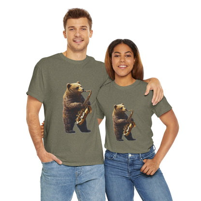 Saxophone Bear Unisex Heavy Cotton Tee, Music Lover Shirt, Gift for Musicians, Cute Animal Tee, Fun Jazz T-Shirt