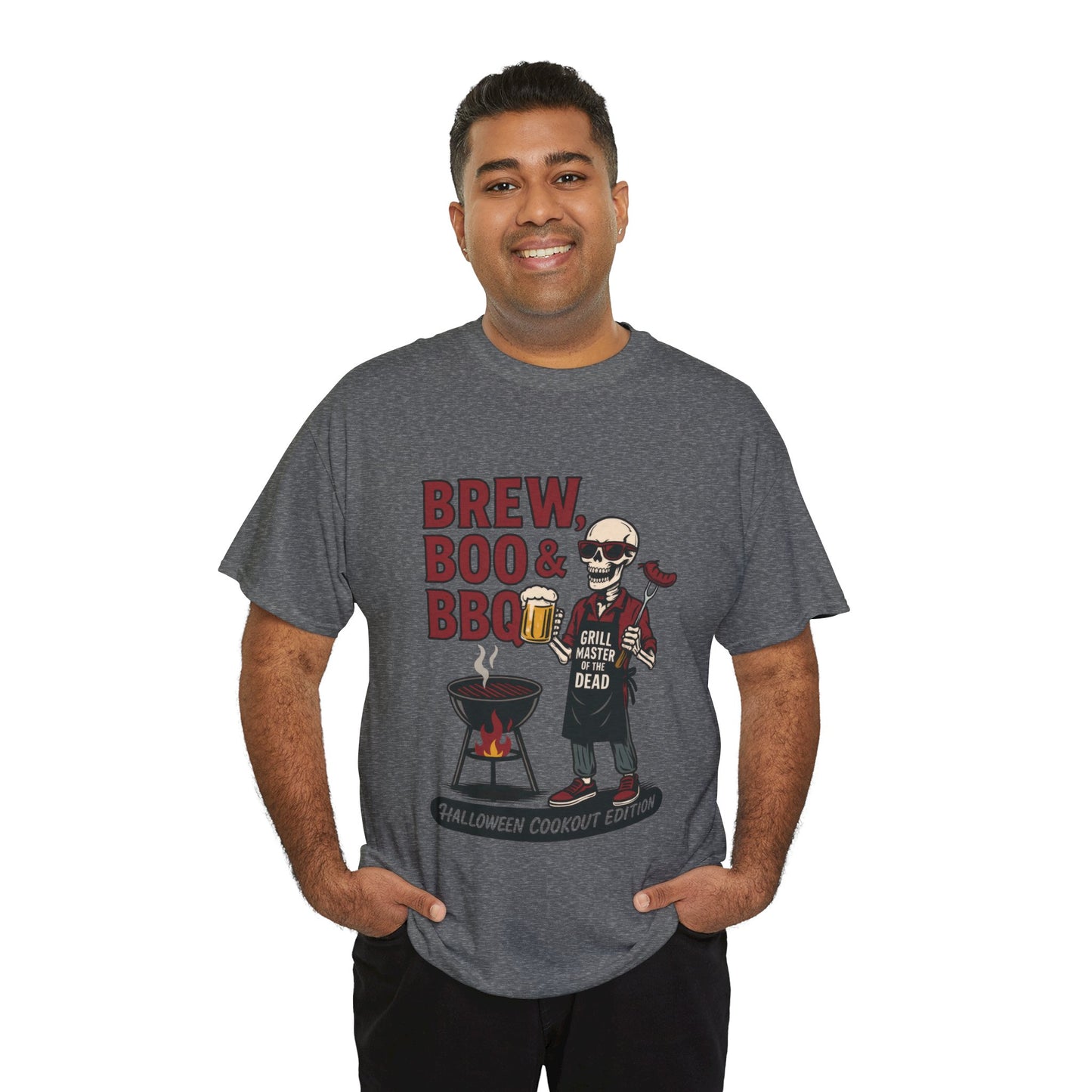 Halloween BBQ Men's T-Shirt, Brew Boo & BBQ Skeleton Grill Master Tee, Funny Dad Gift, Grill Master Tee, Grill Dad Halloween