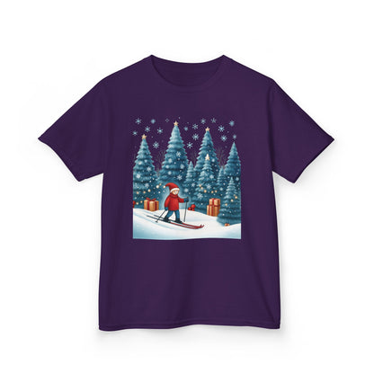 Kids Christmas Skiing T-Shirt, Cute Winter Holiday Graphic Tee, Kids Heavy Cotton™ Tee