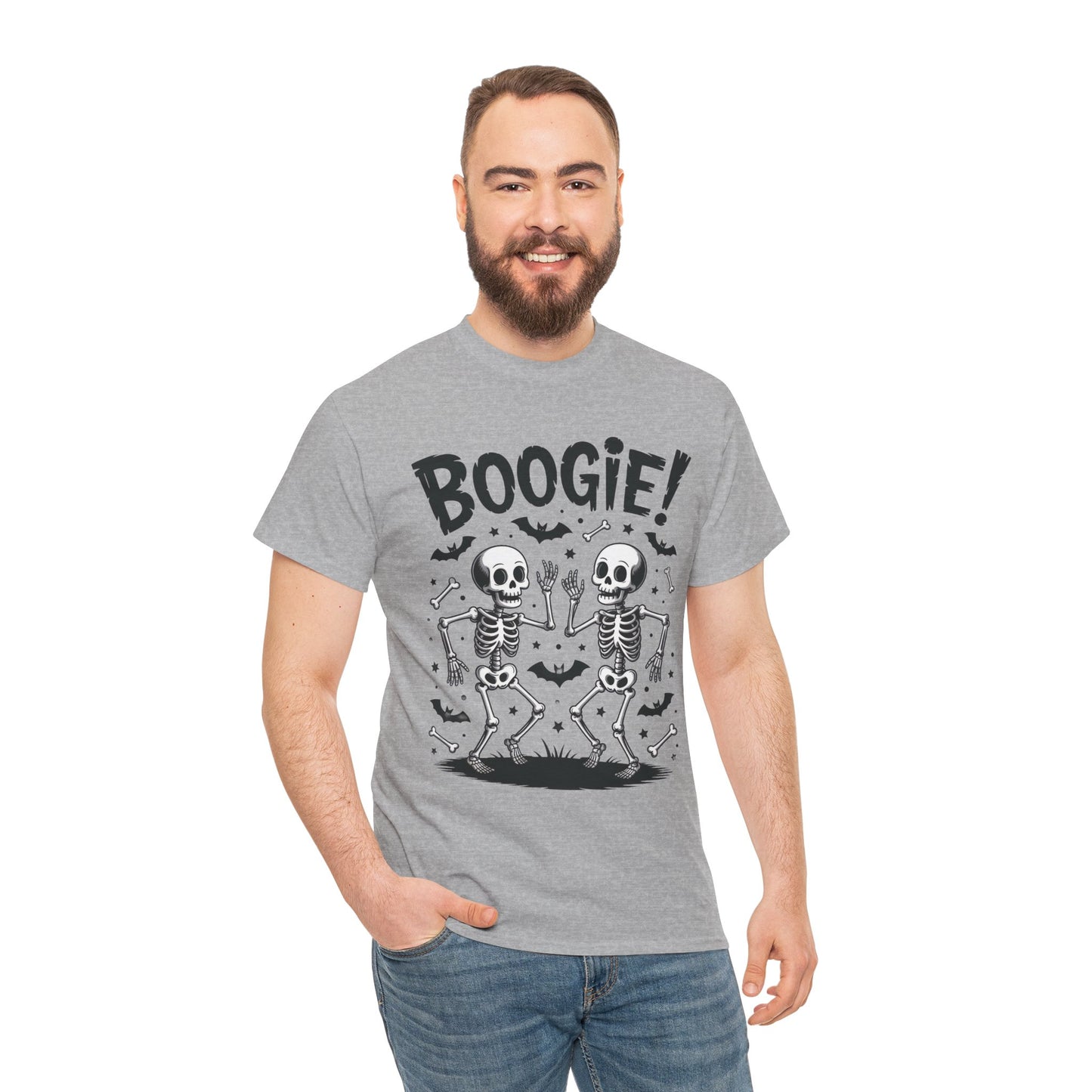 BOOGIE! Dancing Skeleton Halloween Mens's T-Shirt, Funny Spooky Graphic Tee for Men, Men'sHeavy Cotton Tee
