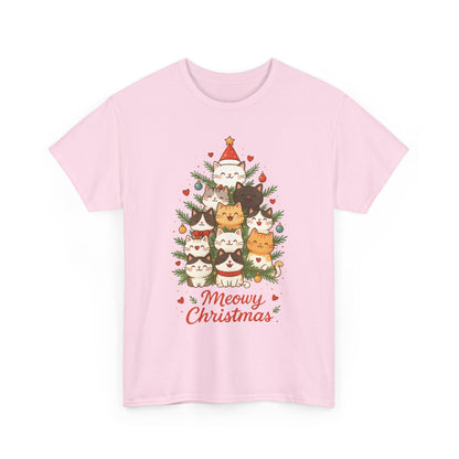 Women's Meowy Christmas Cat T-Shirt, Cute Holiday Kitty Tree Tee