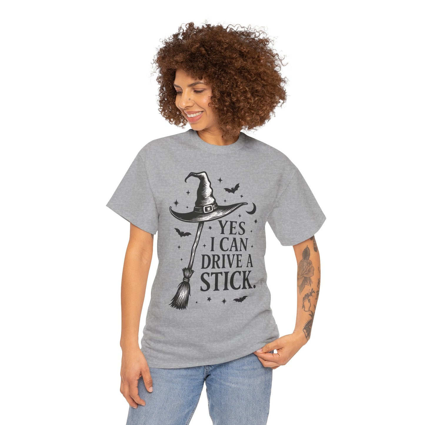 Yes I Can Drive a Stick Witch Hat Broom Halloween Women's T-Shirt, Funny Spooky Graphic Tee, Witch Shirt,