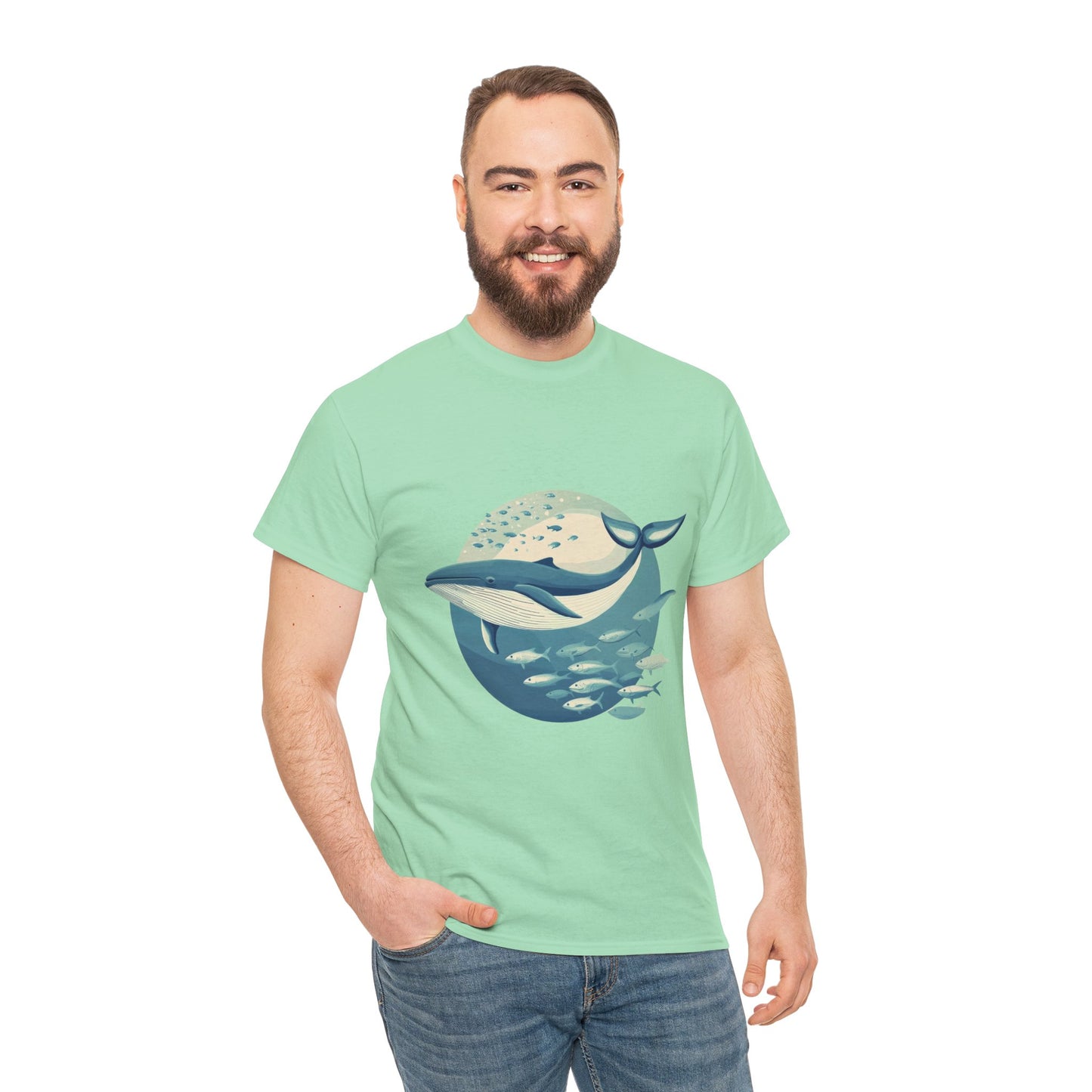 Whale and Fish Unisex Heavy Cotton Tee, Ocean Lover Shirt, Nature Tee, Sea Creature Gift, Casual Summer Top, Ocean Whale Graphic Tee