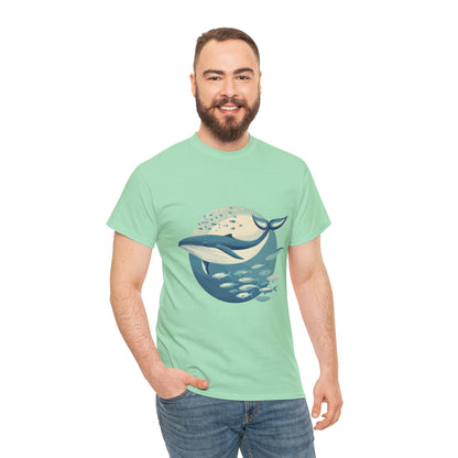 Whale and Fish Unisex Heavy Cotton Tee, Ocean Lover Shirt, Nature Tee, Sea Creature Gift, Casual Summer Top, Ocean Whale Graphic Tee