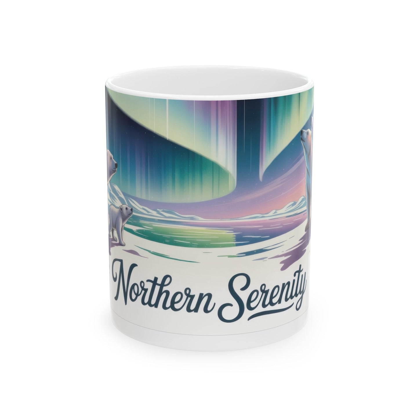 Northern Serenity Polar Bear Mug, Arctic Aurora Coffee Cup, Winter Wildlife Gift, Cute Animal Nature Lover Mug, Holiday Present