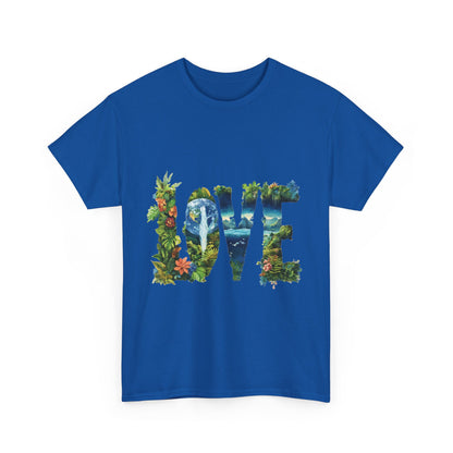 LOVE Nature Art Womens Heavy Cotton Tee, Earth Day Jungle Forest Graphic T-Shirt, Eco Friendly Gift Shirt, Nature-Inspired Love Tee