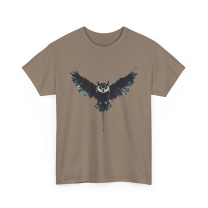 Cool Owl Graphic Unisex Heavy Cotton Tee, Flying Owl Ink Art T-Shirt, Nature Lover Gift, Animal Print Tee, Gothic Bird Graphic Tee