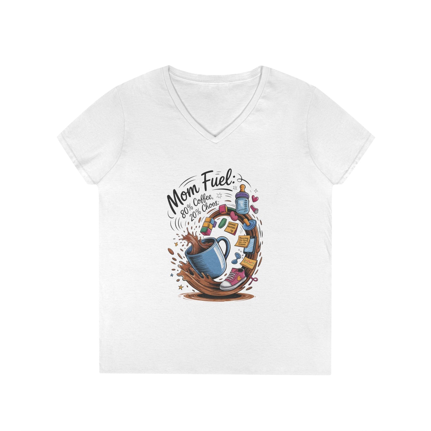 Mom Fuel V-Neck T-Shirt, Funny Coffee Lover V-Neck T-Shirt, Gift for Moms, Mother's Day, Casual Wear, Pajama Top