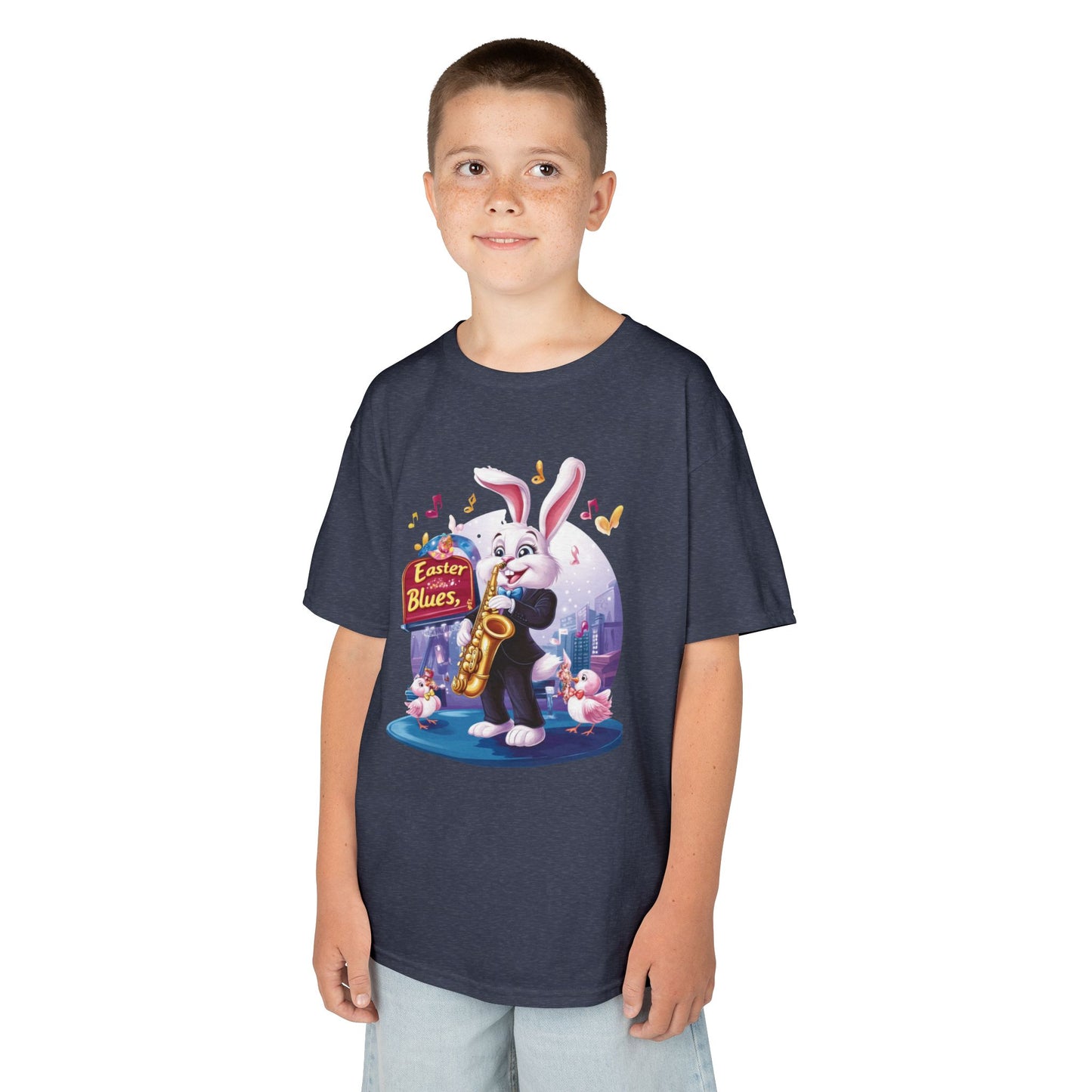 Easter Blues Bunny Kids T-Shirt - Cute Jazz Music Themed Tee for Boys and Girls, Fun Spring Gift, Bunny Playing Saxophone Design