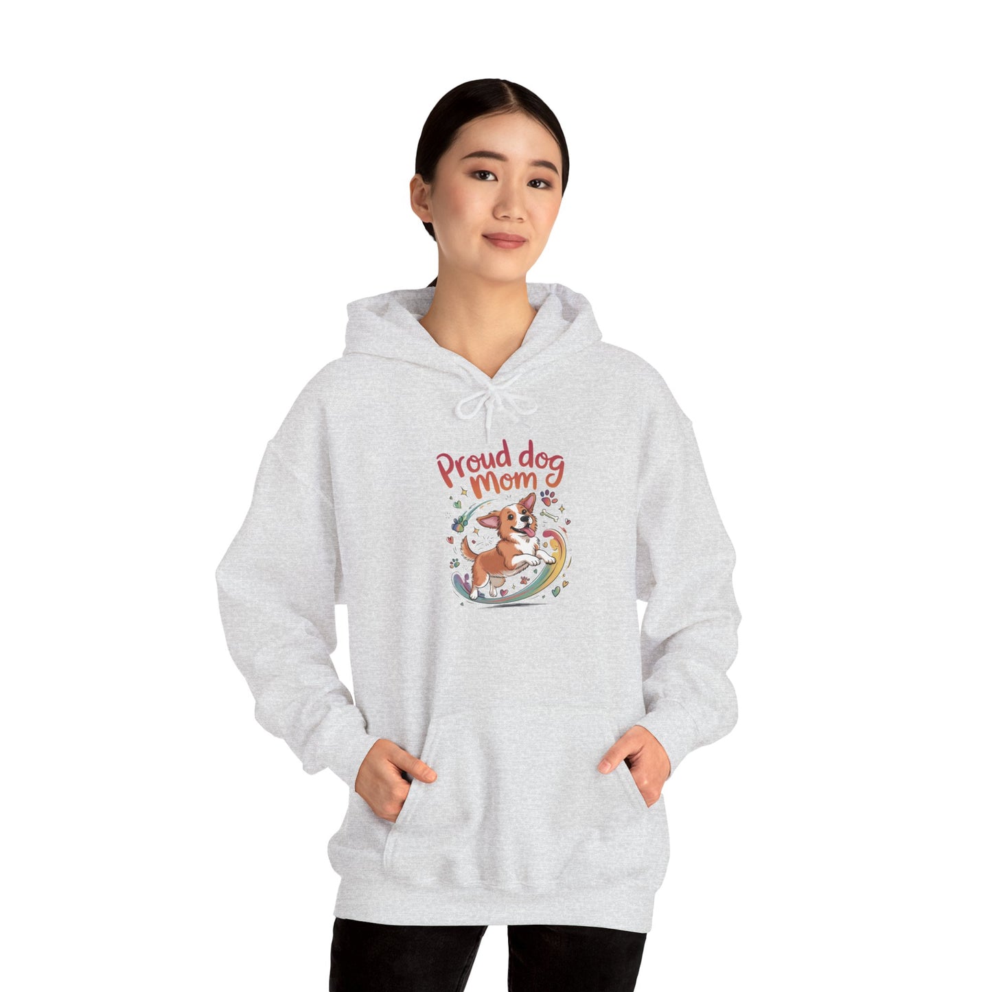 Proud Dog Mom Hoodie, Gift for Dog Owners, Dog Lover Apparel, Mother's Day Gift, Unisex Hooded Sweatshirt, Corgi Rainbow Print