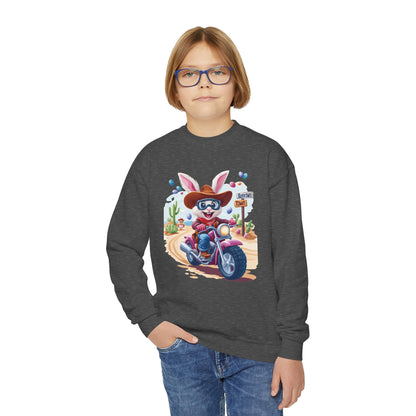 Biker Bunny Youth Sweatshirt - Fun Easter Bunny Riding Motorcycle, Cute Spring Gift for Kids, Playful Holiday Crewneck for Boys & Girls