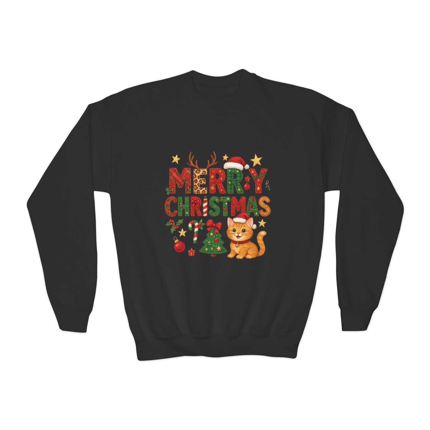 Merry Christmas Cat Sweatshirt for Girls, Cozy Holiday Kitten Jumper, Youth Crewneck Sweatshirt