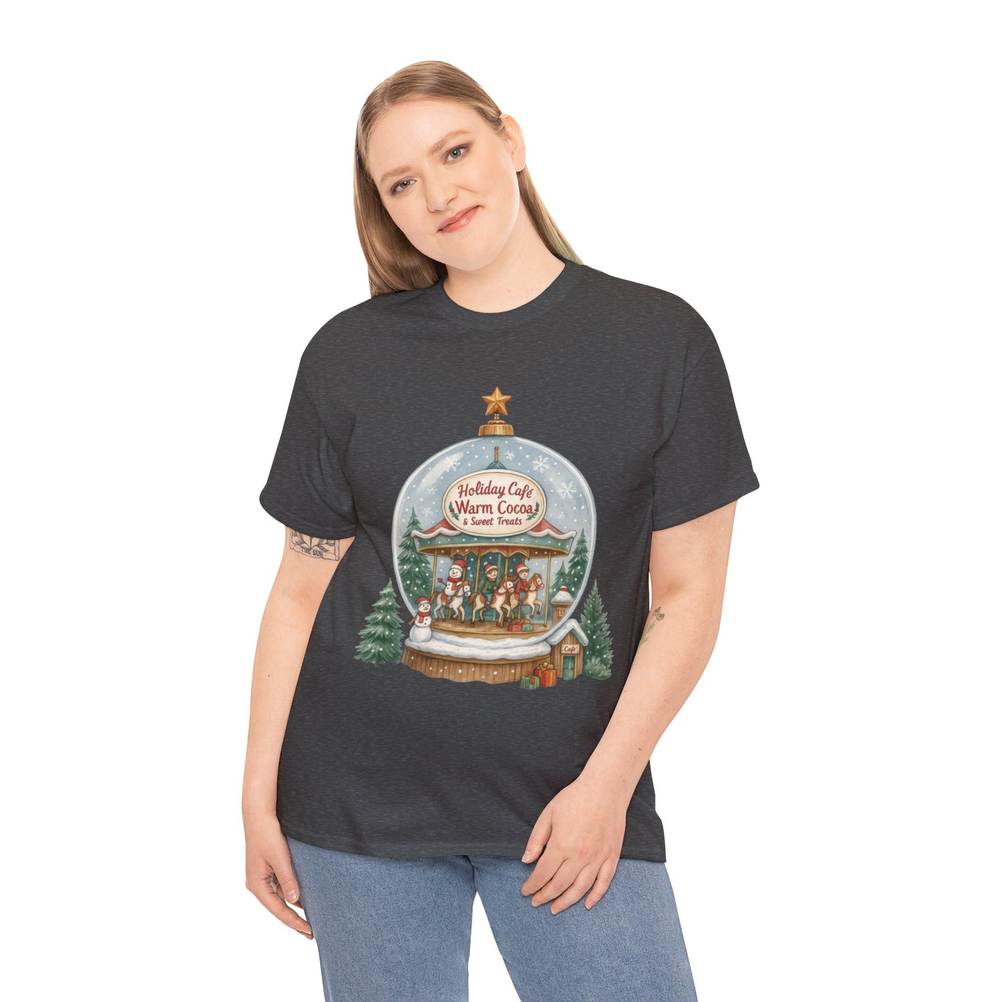 Holiday Café Christmas T-Shirt for Women, Warm Cocoa  Carousel Tee