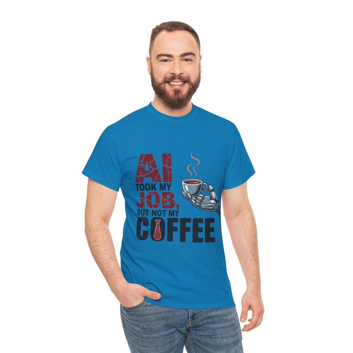 Men's AI Coffee T-Shirt, Funny Robot Humor Graphic Tee, Geek Job Joke Shirt for Him, Men's Heavy Cotton Tee, Sarcastic Work Shirt