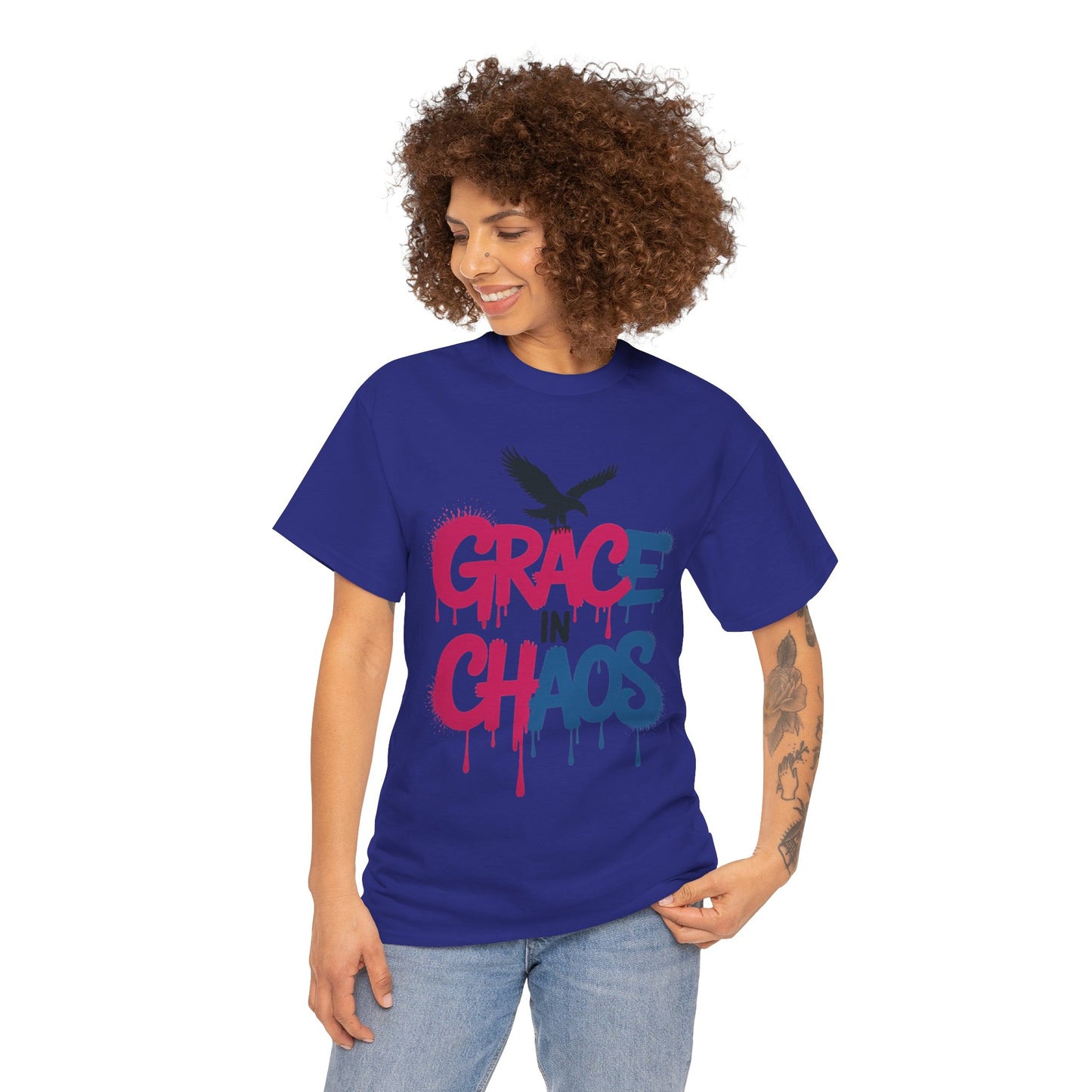 Womens Graffiti T-Shirt, Grace in Chaos Dripping Street Art Tee, Bold Urban Graphic Shirt