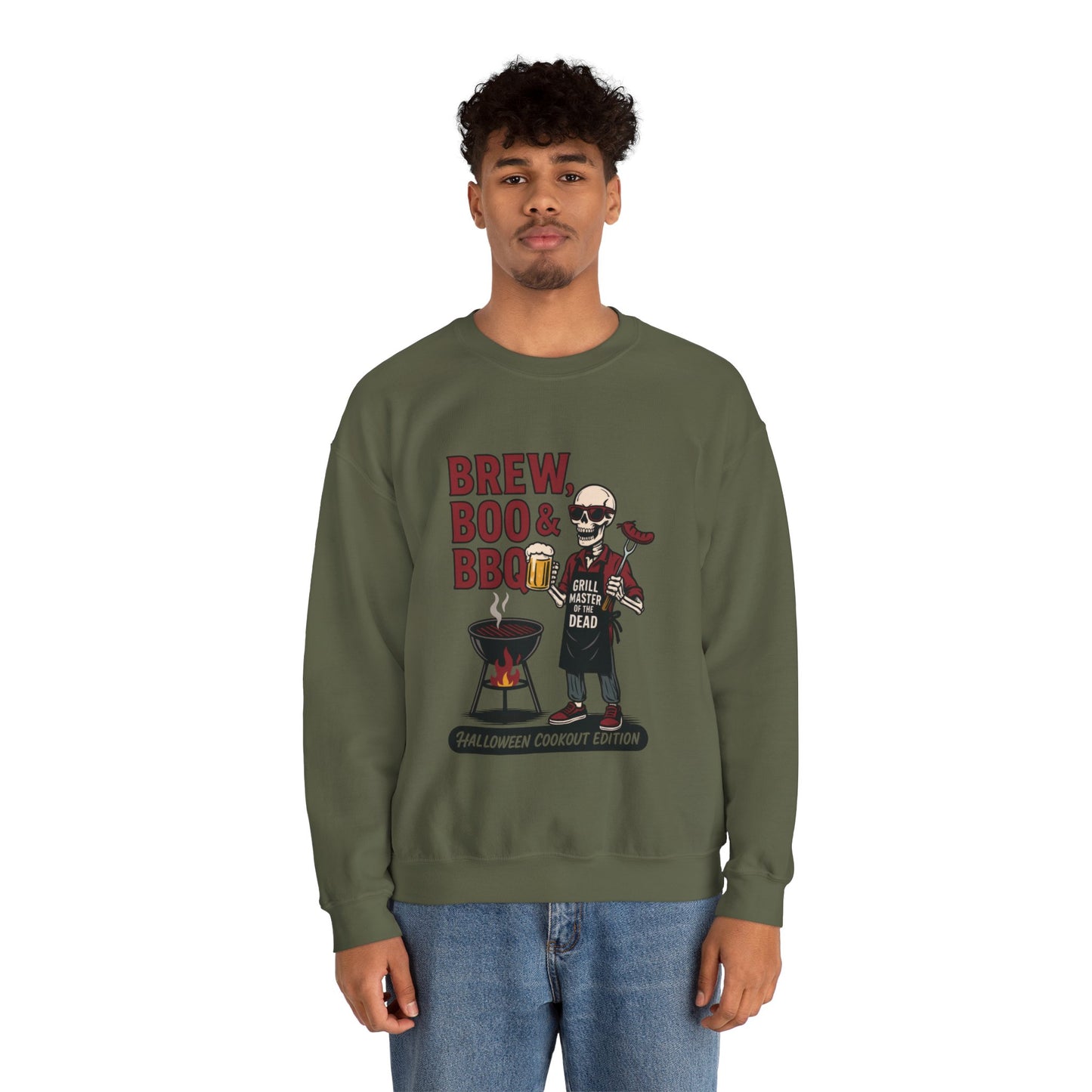 Halloween BBQ Men's Sweatshirt, Brew Boo & BBQ Skeleton Grill Master, Spooky Dad Gift, Skeleton Dad Sweat, Grill Master Crew