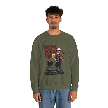 Halloween BBQ Men's Sweatshirt, Brew Boo & BBQ Skeleton Grill Master, Spooky Dad Gift, Skeleton Dad Sweat, Grill Master Crew