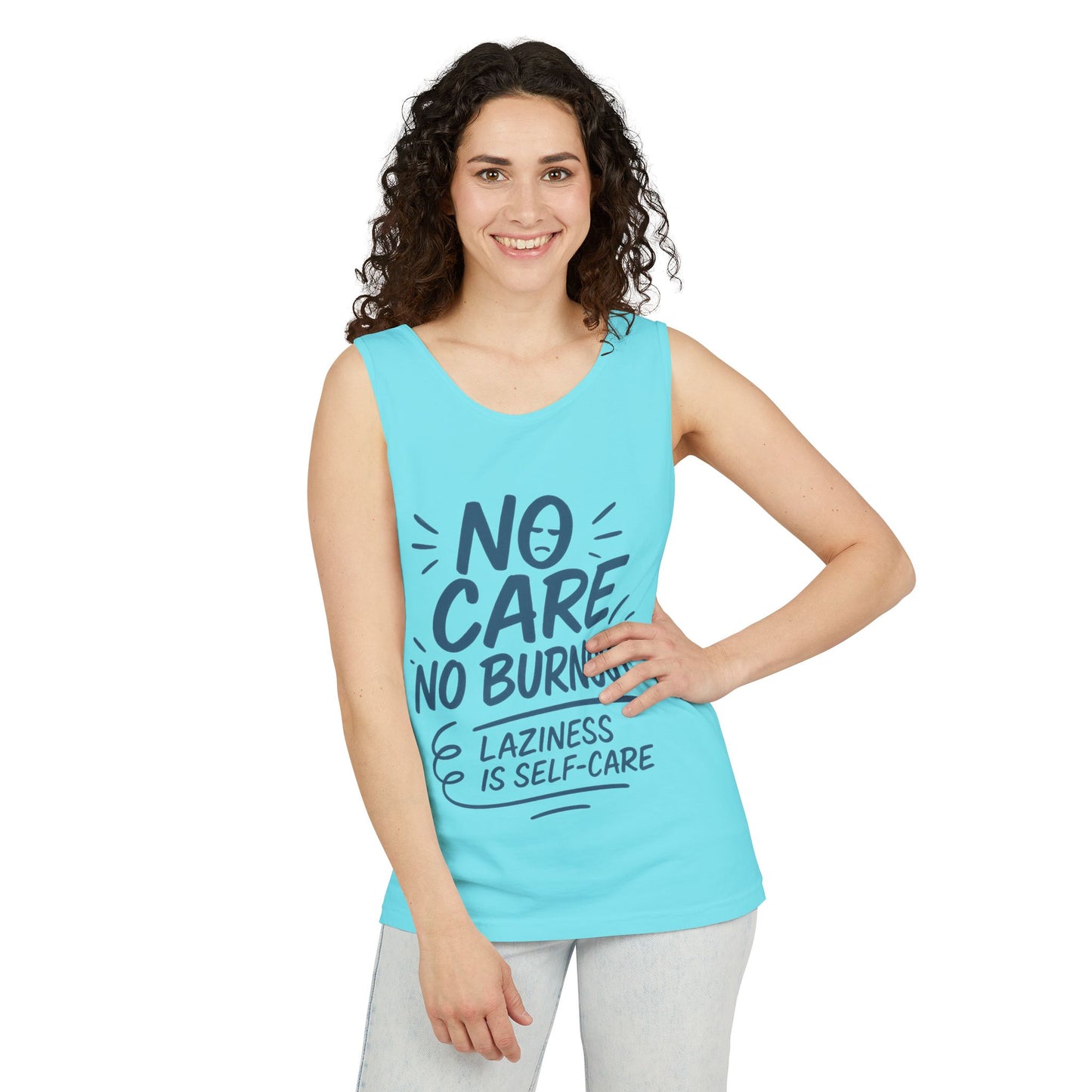 No Care No Burnout Womens Tank Top, Funny Self-Care Quote, Lazy Life Gym Workout Shirt, Casual Sleeveless Top, Relaxed Summer Apparel