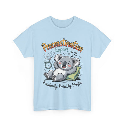 Procrastination Expert Cotton Tee, Funny T-Shirt, Cute Koala Design, Gift for Students, Relaxed Fit Shirt, Gift for Animal Lovers