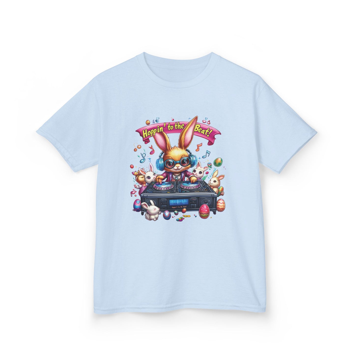 Kids Easter DJ Bunny T-Shirt Fun - Music Themed Spring Tee, Hoppin to the Beat Design, Colorful Holiday Shirt for Boys and Girls