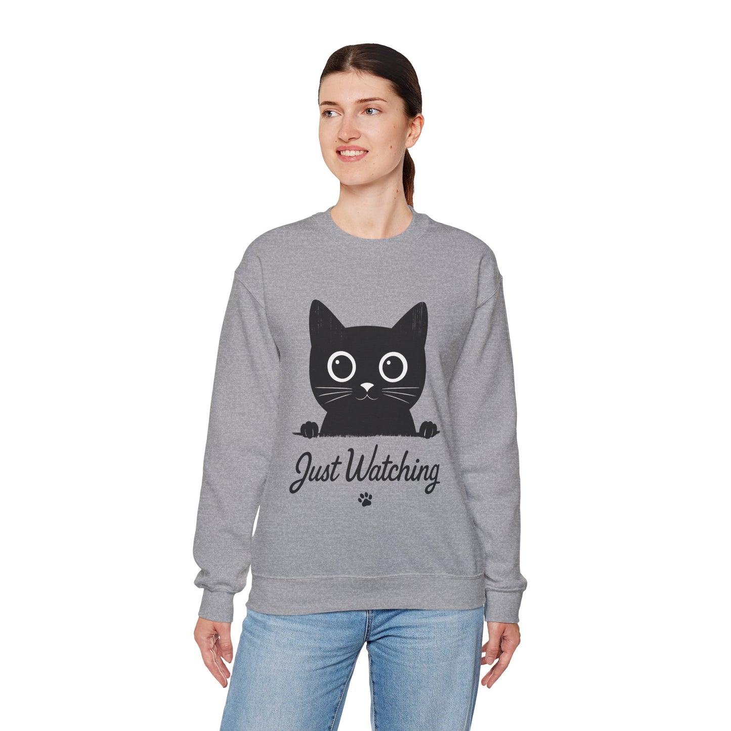 Funny Black Cat Womens Crewneck Sweatshirt - Just Watching Minimalist Kitty Pullover - Cozy Cat Lover Gift, Pet Owner Apparel