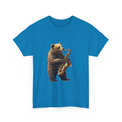 Saxophone Bear Unisex Heavy Cotton Tee, Music Lover Shirt, Gift for Musicians, Cute Animal Tee, Fun Jazz T-Shirt