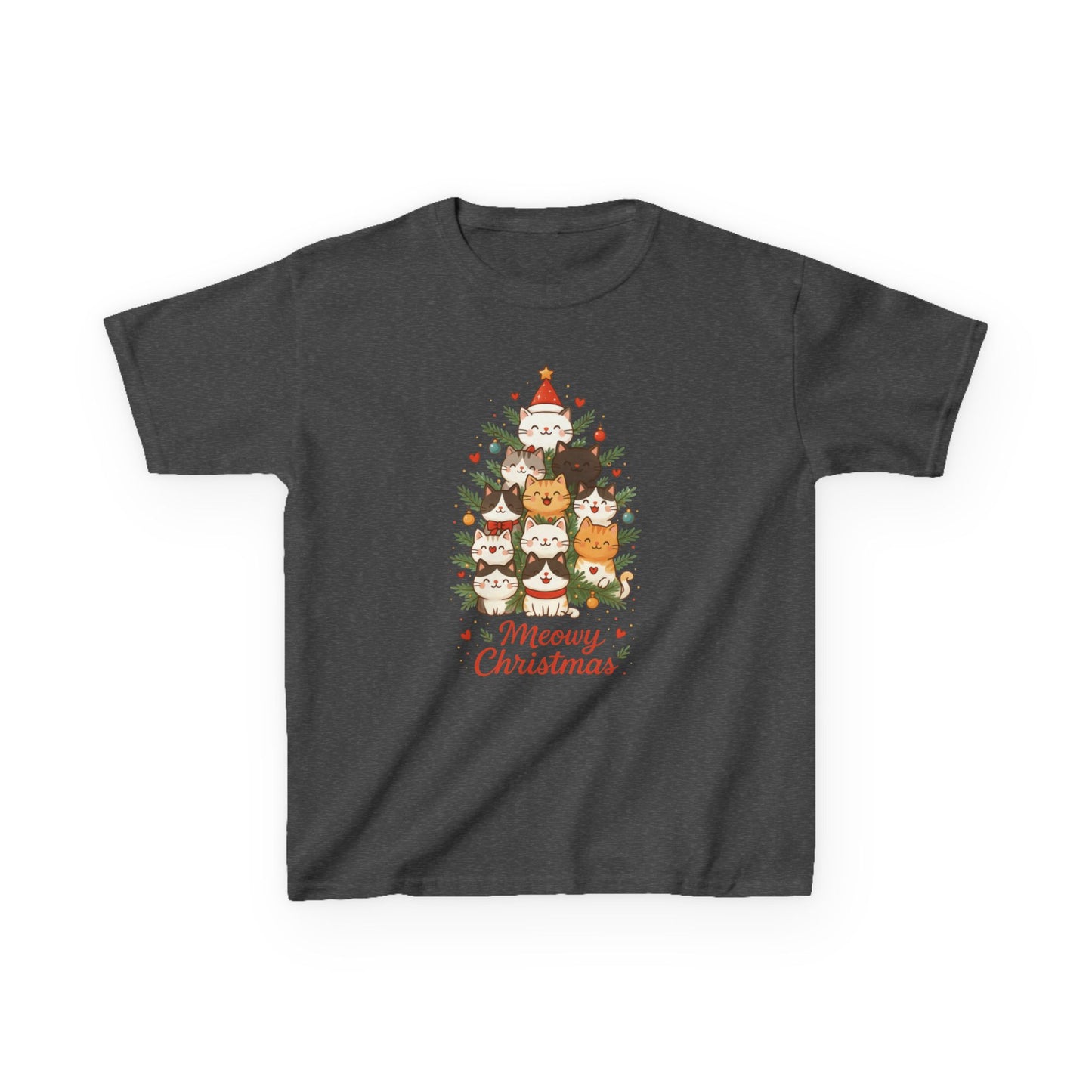 Youth Meowy Christmas Cat T-Shirt, Cute Kids Holiday Kitty Tee