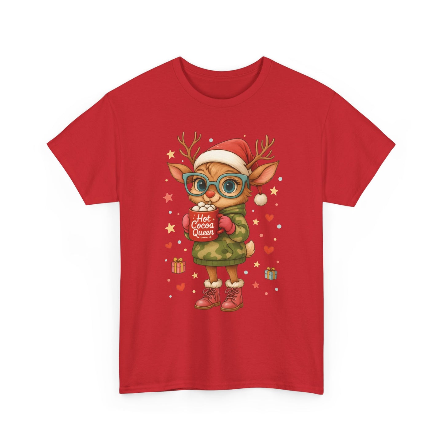 Hot Cocoa Queen Christmas T-Shirt, Cute Holiday Reindeer Tee for Women