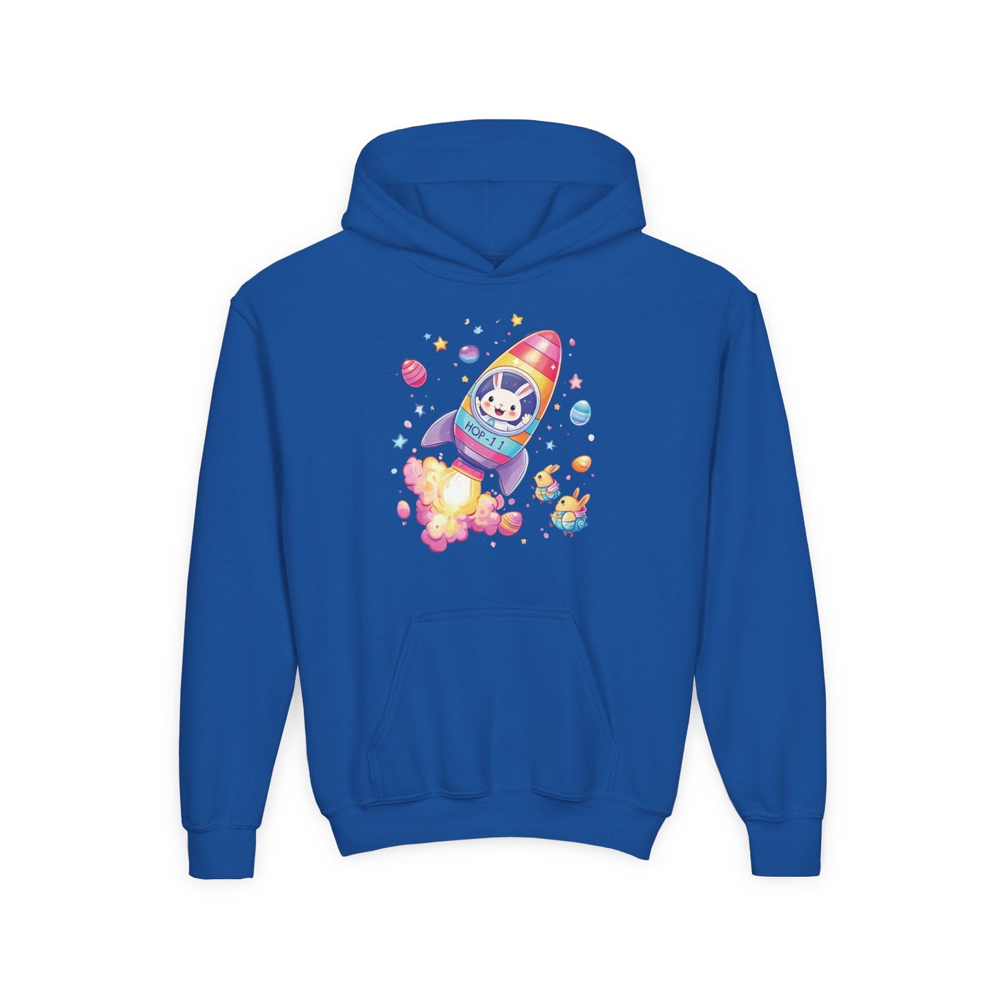 Easter Astronaut Bunny Kids Hoodie - Rocket Bunny Design with Colorful Eggs, Fun Space Adventure Sweatshirt for Spring and Holiday Gifts