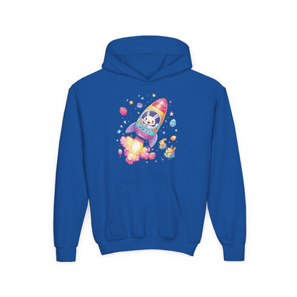 Easter Astronaut Bunny Kids Hoodie - Rocket Bunny Design with Colorful Eggs, Fun Space Adventure Sweatshirt for Spring and Holiday Gifts