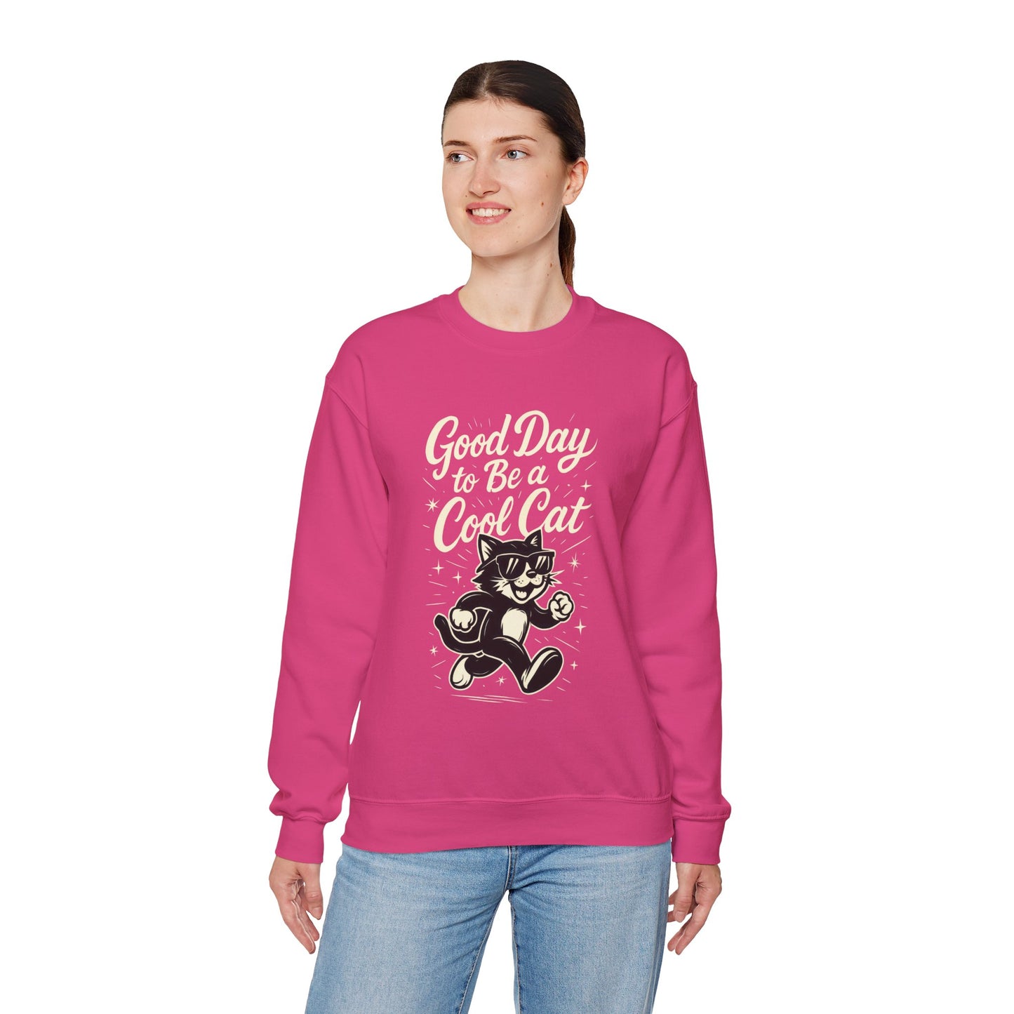 Funny Cool Cat Womens Crewneck Sweatshirt - Good Day to Be a Cool Cat Retro Kitty Pullover - Cute Cat Lover Sweater