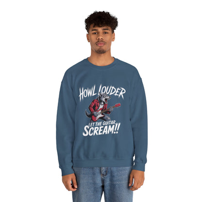 Howl Louder Wolf Sweatshirt, Let The Guitar Scream Pullover, Rock Guitar Animal Hoodie, Rocking Wolf Crewneck Sweatshirt, Music Lover Gift