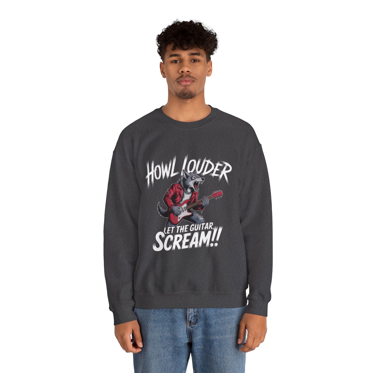 Howl Louder Wolf Sweatshirt, Let The Guitar Scream Pullover, Rock Guitar Animal Hoodie, Rocking Wolf Crewneck Sweatshirt, Music Lover Gift