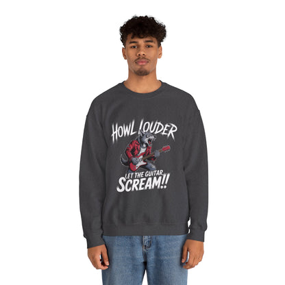 Howl Louder Wolf Sweatshirt, Let The Guitar Scream Pullover, Rock Guitar Animal Hoodie, Rocking Wolf Crewneck Sweatshirt, Music Lover Gift