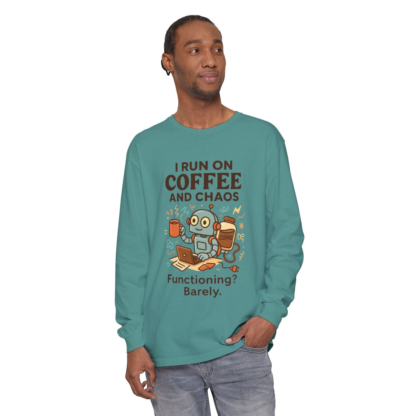 Coffee Chaos Long Sleeve Tee, Funny T-Shirt, Quirky Gift for Coffee Lovers, Unisex Top for Busy Lives, Work from Home Humor Tee
