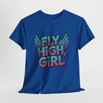 Womens Graphic Tee Fly High Girl, Angel Wings Graffiti Drip T-Shirt, Bold Streetwear Top