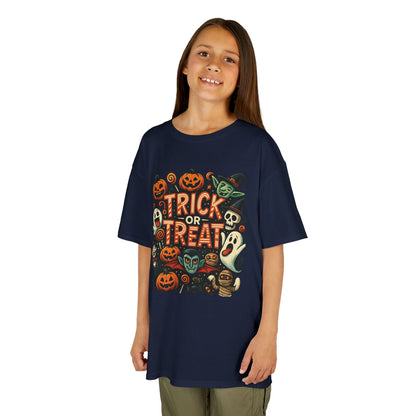 Kids Trick or Treat T-Shirt, Halloween Graphic Tee with Pumpkins, Ghosts & Vampires, Fun Spooky Shirt for Children