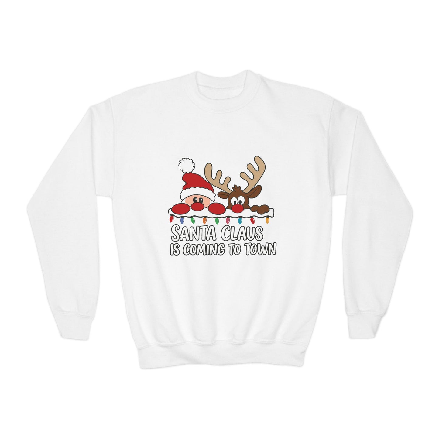 Santa Claus Is Coming to Town Kids Christmas Sweatshirt, Cute Santa - Reindeer Holiday Jumper
