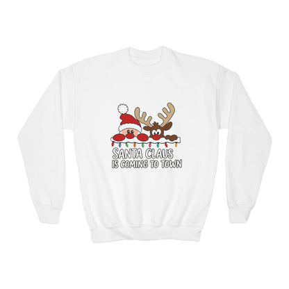 Santa Claus Is Coming to Town Kids Christmas Sweatshirt, Cute Santa - Reindeer Holiday Jumper