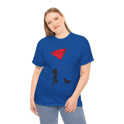 Cute Kid and Cat Design T-Shirt, Playful Gift for Cat Lovers, Summer Style, Cat Lover T-Shirt, Gift for Cat Owners, Women's Cotton T-Shirt