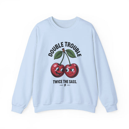 Double Trouble Cherry Sweatshirt, Cute Funny Womens Pullover, Twice The Sass Fruit Graphic Sweater, Playful Red Cherry Crewneck