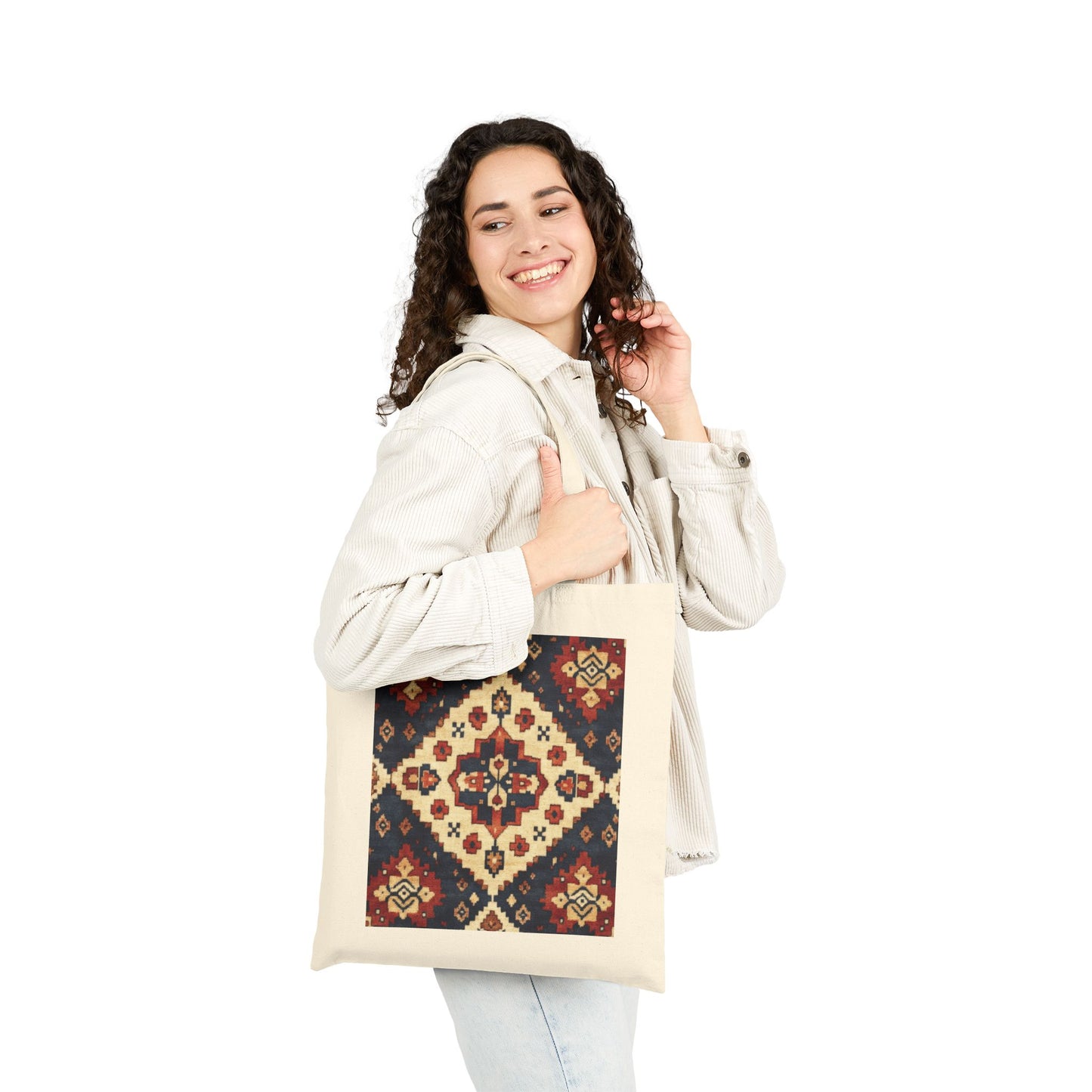 Boho Cotton Canvas Tote Bag, Shopping Bag for Everyday Use, Beach, Grocery, Gifts, Sustainable Style, Traditional Turkish Carpet Pattern