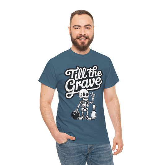 Skeleton Bowling Graphic Tee, Mens Heavy Cotton Tee, Funny Halloween Shirt, Gift for Bowlers, Retro Style Apparel, Casual Wear