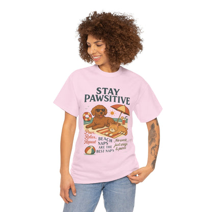 Stay Pawsitive Womens T-Shirt, Cute Dog & Cat Beach Shirt, Summer Pet Lover Tee, Animal Graphic Heavy Cotton Tee, Fun Pet Lovers Gift