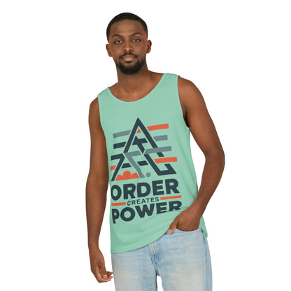 Mens Garment-Dyed Tank Top, Mens Tank Top Order Creates Power, Minimal Geometric Motivational Graphic Summer Shirt