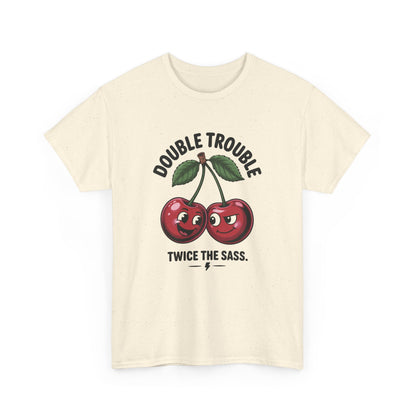 Double Trouble Cherry Graphic Tee, Funny Cute Womens T-Shirt, Twice the Sass Quote Shirt, Sassy Cherry Cartoon Gift