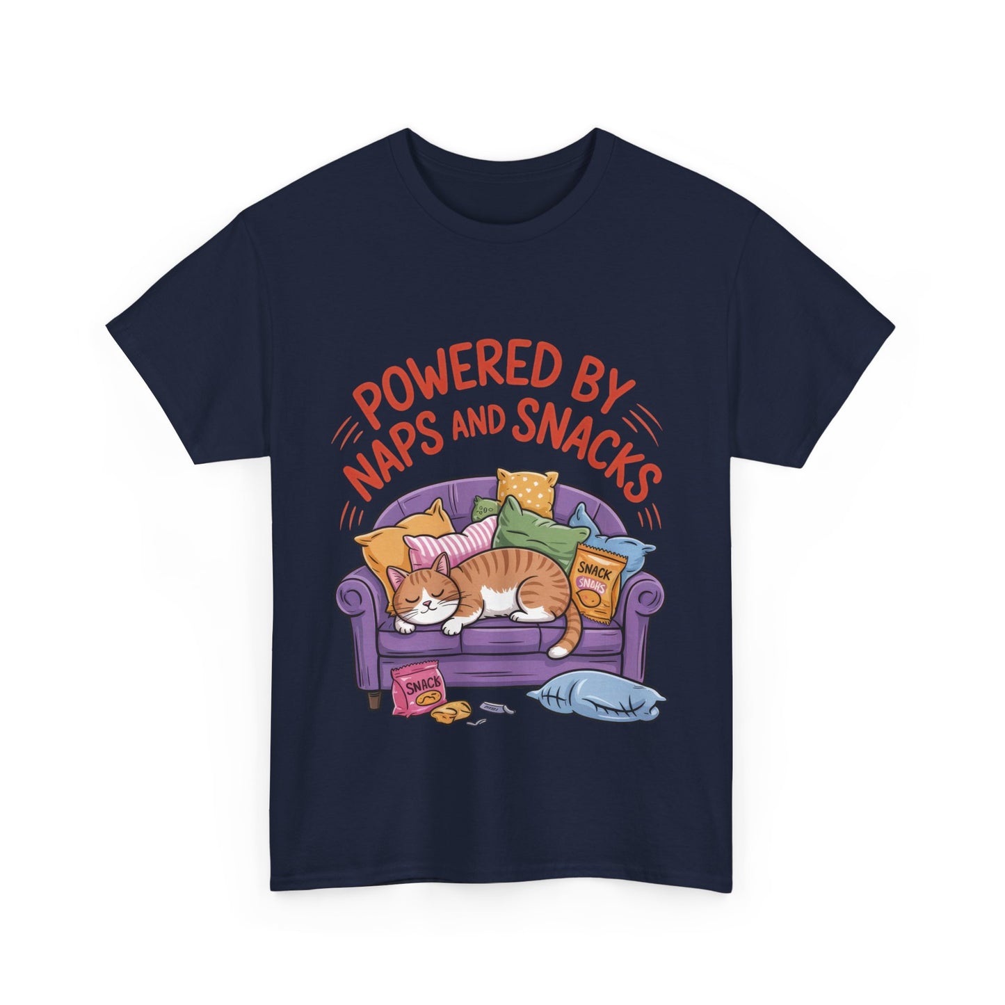 Powered by Naps and Snacks Cat T-Shirt, Funny Lazy Cat Lover Womens Tee, Cute Humor Shirt, Cozy Gift for Her, Cozy Cat Lover T-Shirt