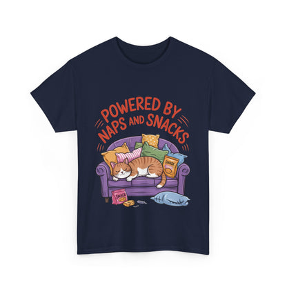 Powered by Naps and Snacks Cat T-Shirt, Funny Lazy Cat Lover Womens Tee, Cute Humor Shirt, Cozy Gift for Her, Cozy Cat Lover T-Shirt